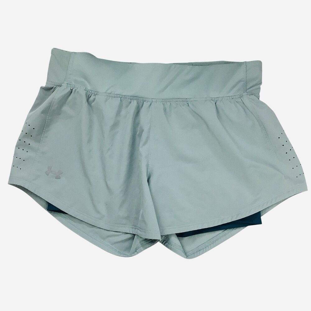 Under Armour Women Size L 3" Shorts Gray Silica Green Lined Running Athleisure